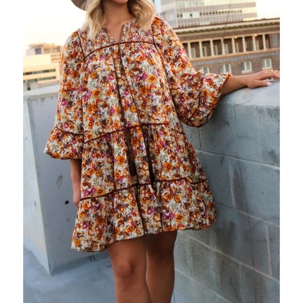 Kourt Floral Tiered Mini Dress Small Yellow Brown Boho Long Sleeve